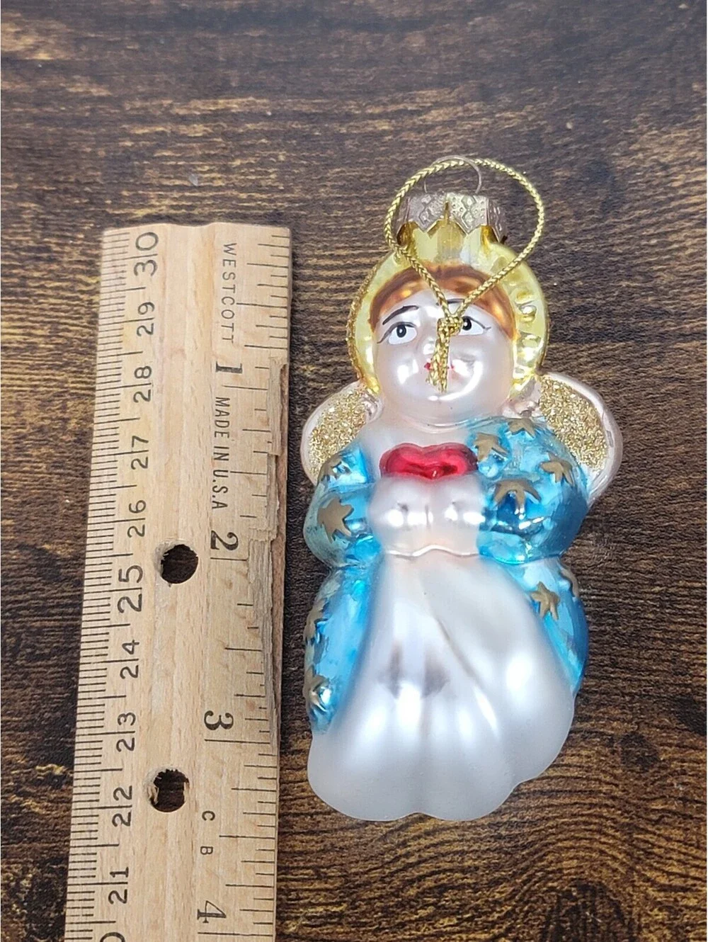 Vtg Thomas Pacconi Glass Christmas Tree Angel Glitter Wings Gold Blue White